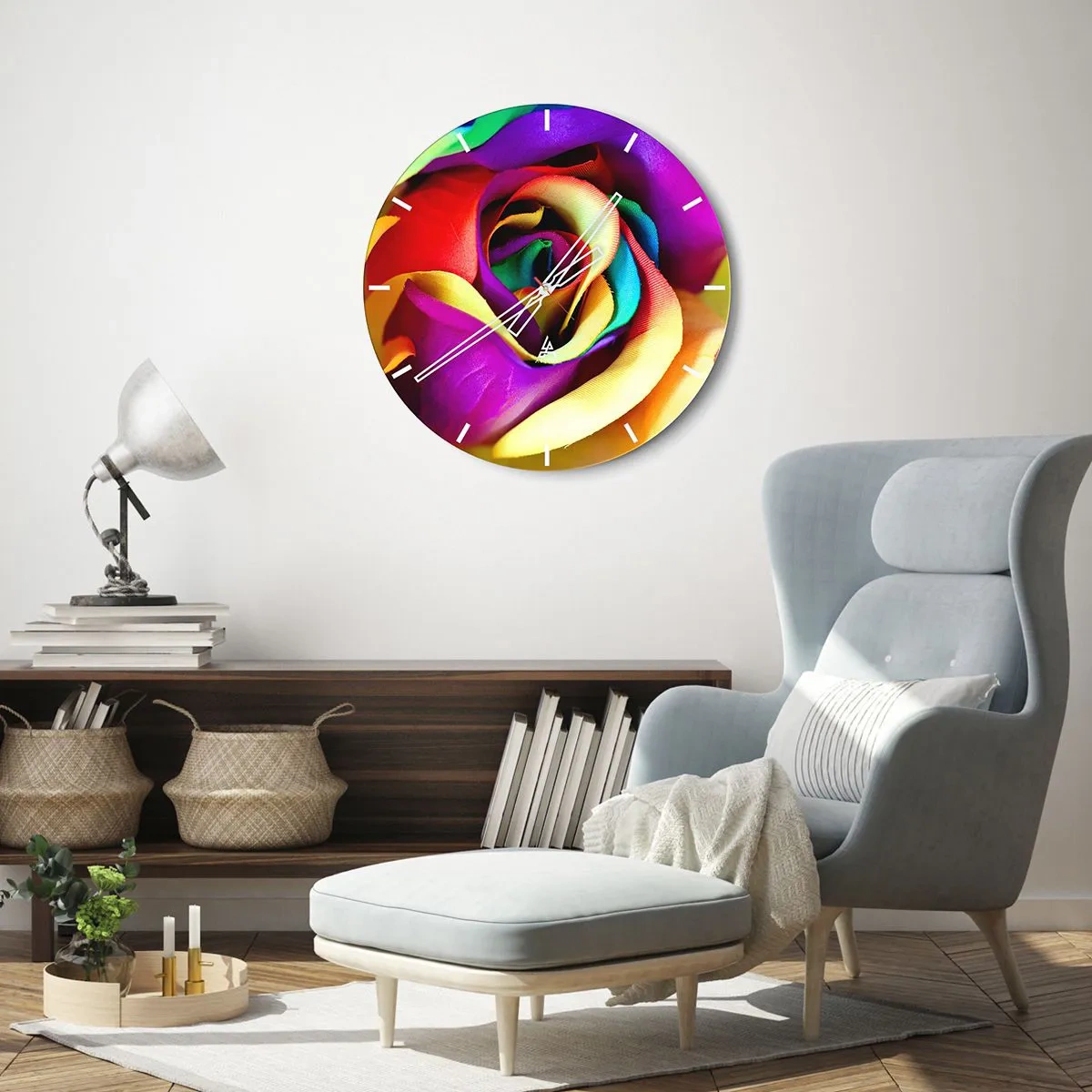 Nástenné hodiny - Detailný záber na dúhovú ružu s intenzívnymi farbami - 30x30cm - To nie je možné - Moderná nástenná dekorácia do obývacej izby, kuchyne a spálne ARTTOR