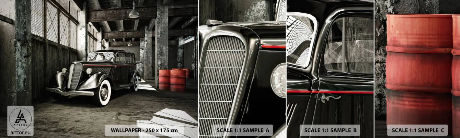 Vzorka Fototapeta Standard Eco - Nepominuteľná elegancia 30. rokov - Automobilový priemysel, Retro auto, Továrenský sklad - 100x30 cm