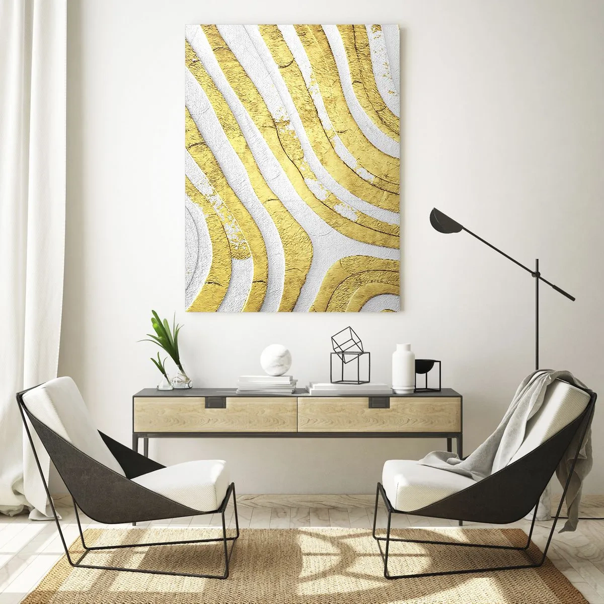 Obraz na skle - Kompozícia v bielej a zlatej - 50x70 cm