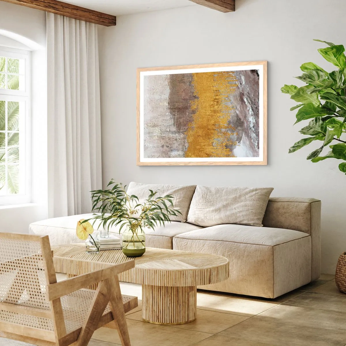 Plagát v ráme zo svetlého duba - Zlatistý závan - 70x50 cm