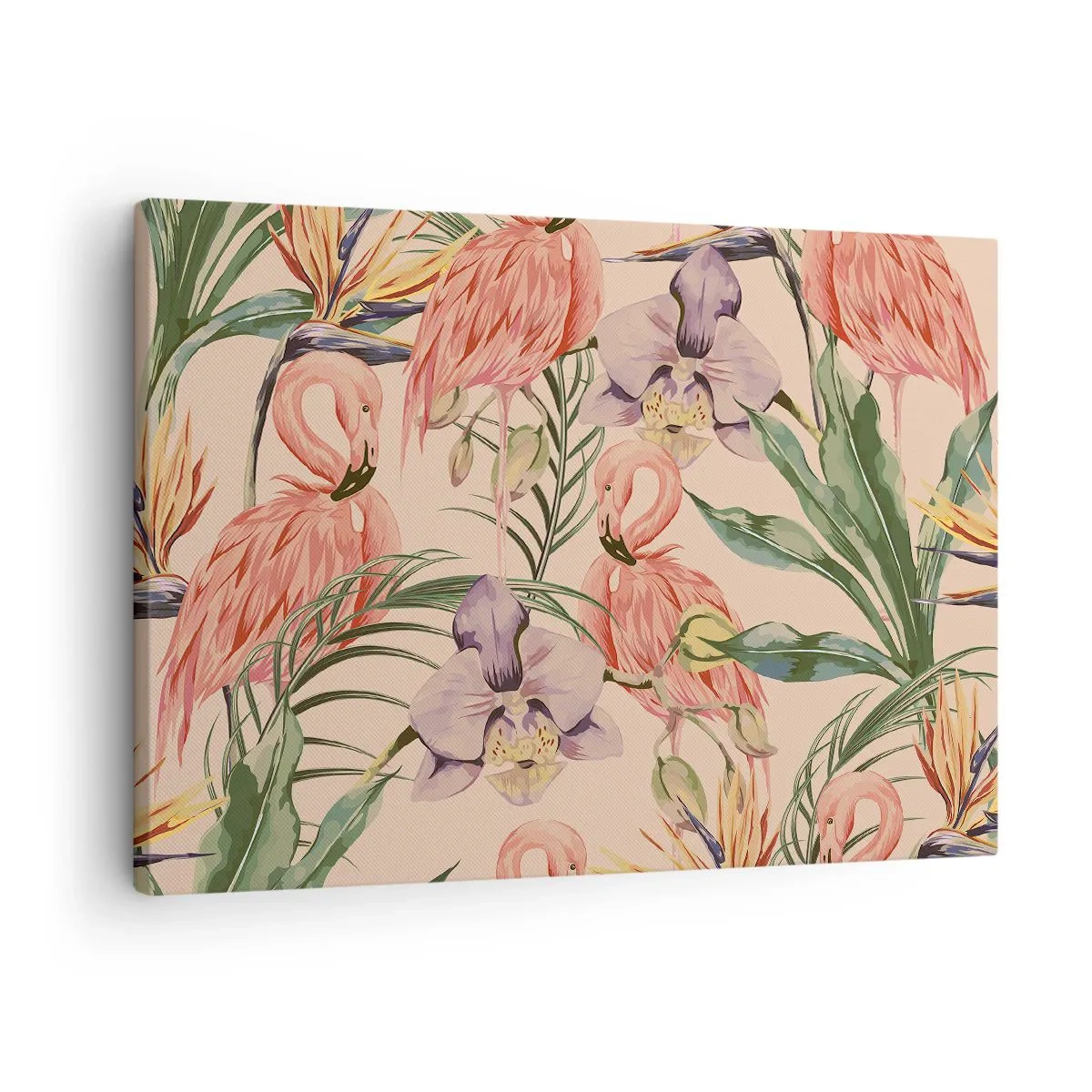 Obraz na plátne - Plameniaky a tropické kvety na svetlom pozadí - 70x50cm - Ružový balet v kvetoch - Moderná nástenná dekorácia do obývacej izby a spálne ARTTOR