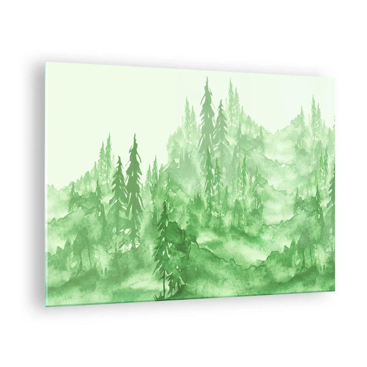 Obraz na skle - Zelený les v akvarelovom štýle - 70x50cm - Rozmazaný zelenou hmlou - Moderná nástenná dekorácia do obývacej izby a spálne ARTTOR