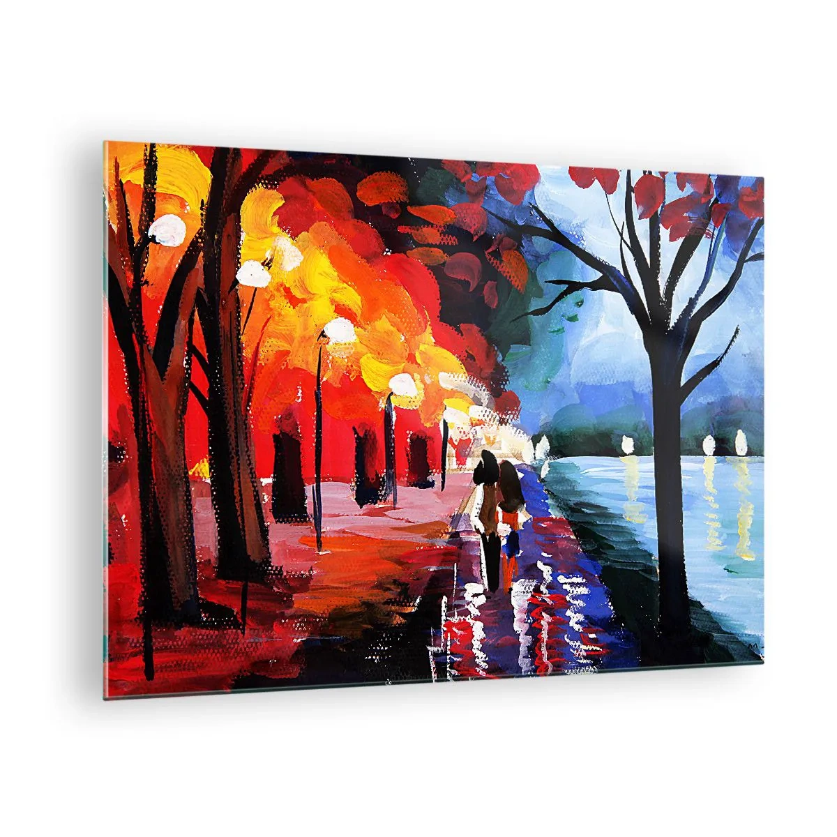 Obraz na skle - Pár sa prechádza večer vo farebnom parku - 70x50cm - Horúca jeseň v parku - Moderná nástenná dekorácia do obývacej izby a spálne ARTTOR