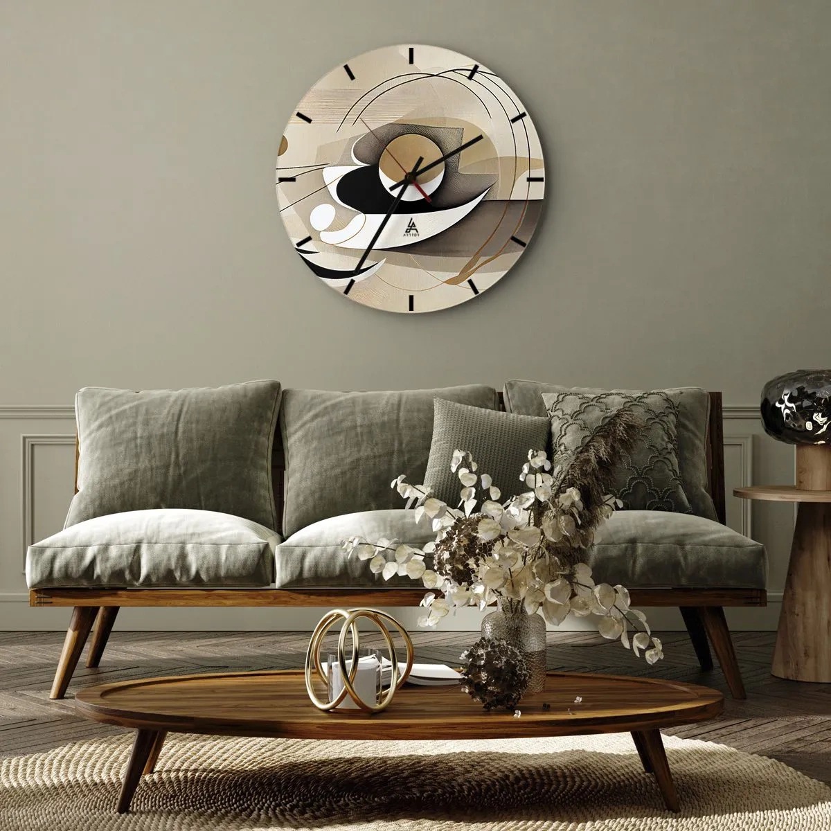 Nástenné hodiny - Geometrická kompozícia s oblúkmi a tvarmi v odtieňoch béžovej. - 30x30cm - Kompozícia: podstata vecí - Moderná nástenná dekorácia do obývacej izby, kuchyne a spálne ARTTOR