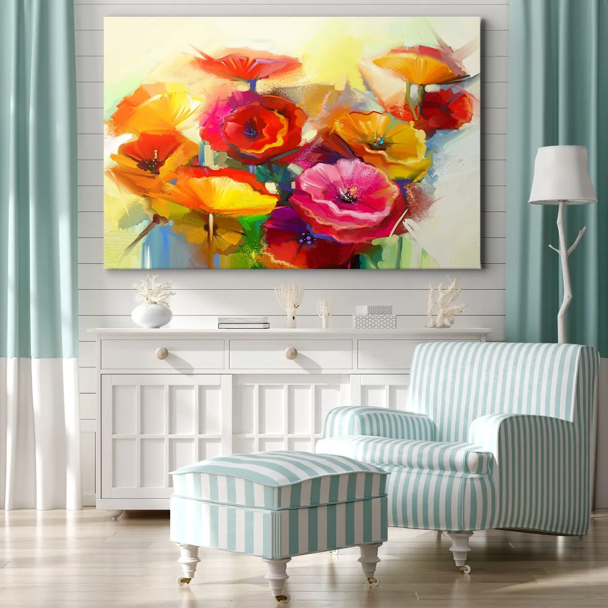 Obraz na plátne - Farebné abstraktné kvety na svetlom pozadí - 70x50cm - Nielen červené - Moderná nástenná dekorácia do obývacej izby a spálne ARTTOR