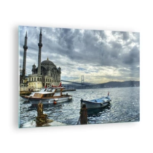 Obraz na skle - Pohľad na mešitu, most a lode na móle - 70x50cm - Na rozmedzí svetov - Moderná nástenná dekorácia do obývacej izby a spálne ARTTOR