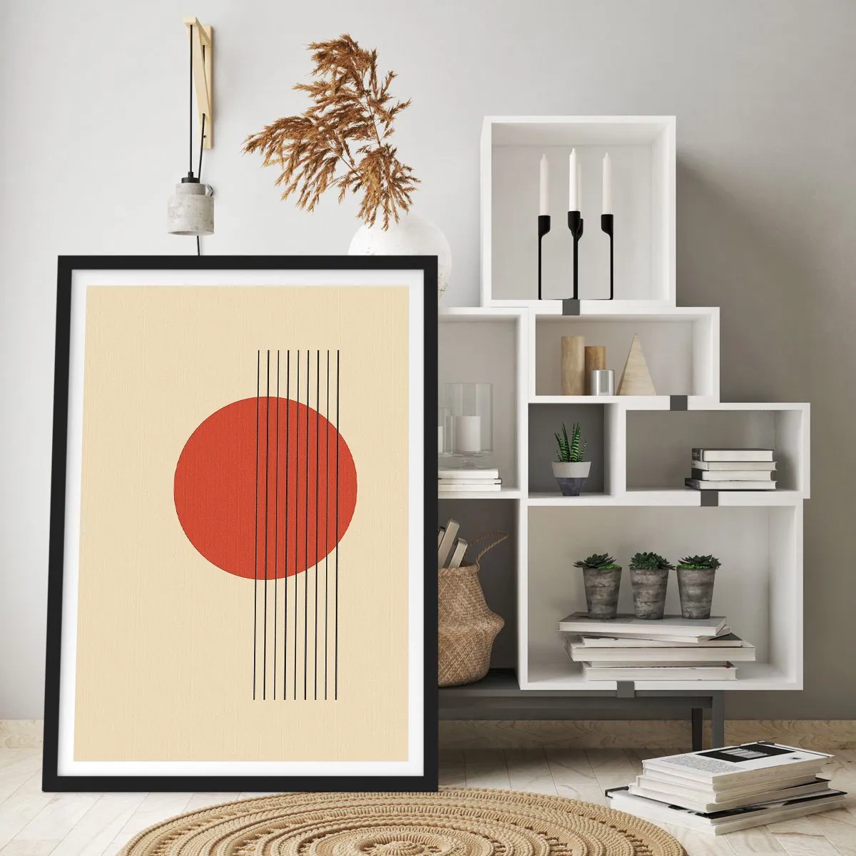 Plagát v čiernom ráme - Geometrická kompozícia s červeným kruhom - 50x70cm - Stále dookola - Moderná nástenná dekorácia do obývacej izby a spálne ARTTOR