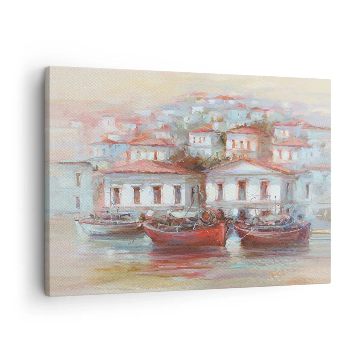 Obraz na plátne - Farebné lode a malebné budovy pri vode v pastelových odtieňoch - 70x50cm - Šťastné mestečko - Moderná nástenná dekorácia do obývacej izby a spálne ARTTOR