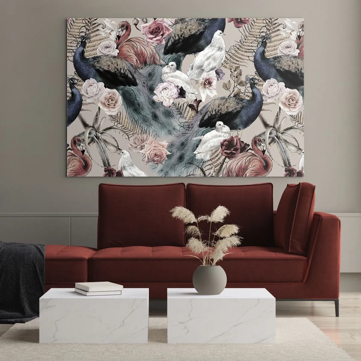Obraz na skle - Pávy a plameniaky obklopené ružami a papraďami - 70x50cm - V palácovej záhrade - Moderná nástenná dekorácia do obývacej izby a spálne ARTTOR
