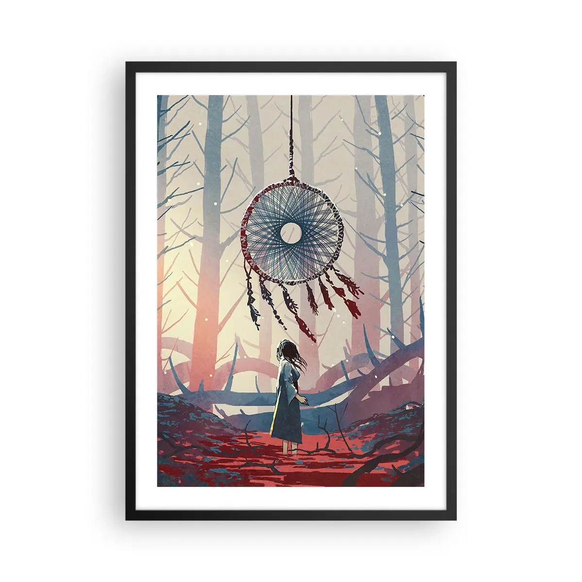 Plagát v čiernom ráme - Postava v lese s lapačom snov na pastelovom pozadí. - 50x70cm - Tajný rituál šťastia - Moderná nástenná dekorácia do obývacej izby a spálne ARTTOR
