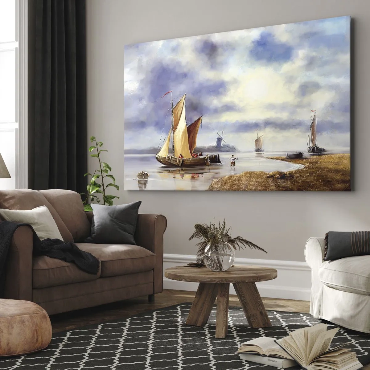 Obraz na plátne - Plachetnice na pokojnej vode s veternými mlynmi v pozadí - 70x50cm - Návrat námorníkov - Moderná nástenná dekorácia do obývacej izby a spálne ARTTOR