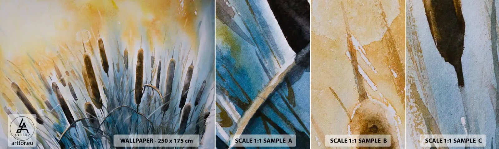 Vzorka samolepiacej fototapety Deluxe Sticker - Chlad vody, žiara slnka - Trstina, Krajina, Kvety - 100x30 cm