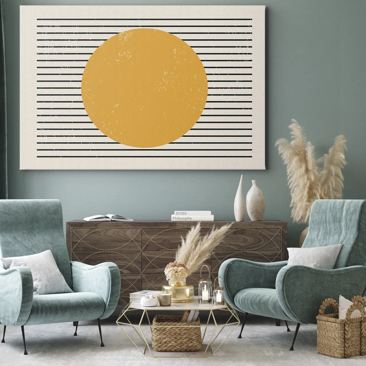 Obraz na plátne - Žltý kruh na pozadí čiernych a bielych vodorovných čiar - 70x50cm - Sila jednoduchosti - Moderná nástenná dekorácia do obývacej izby a spálne ARTTOR