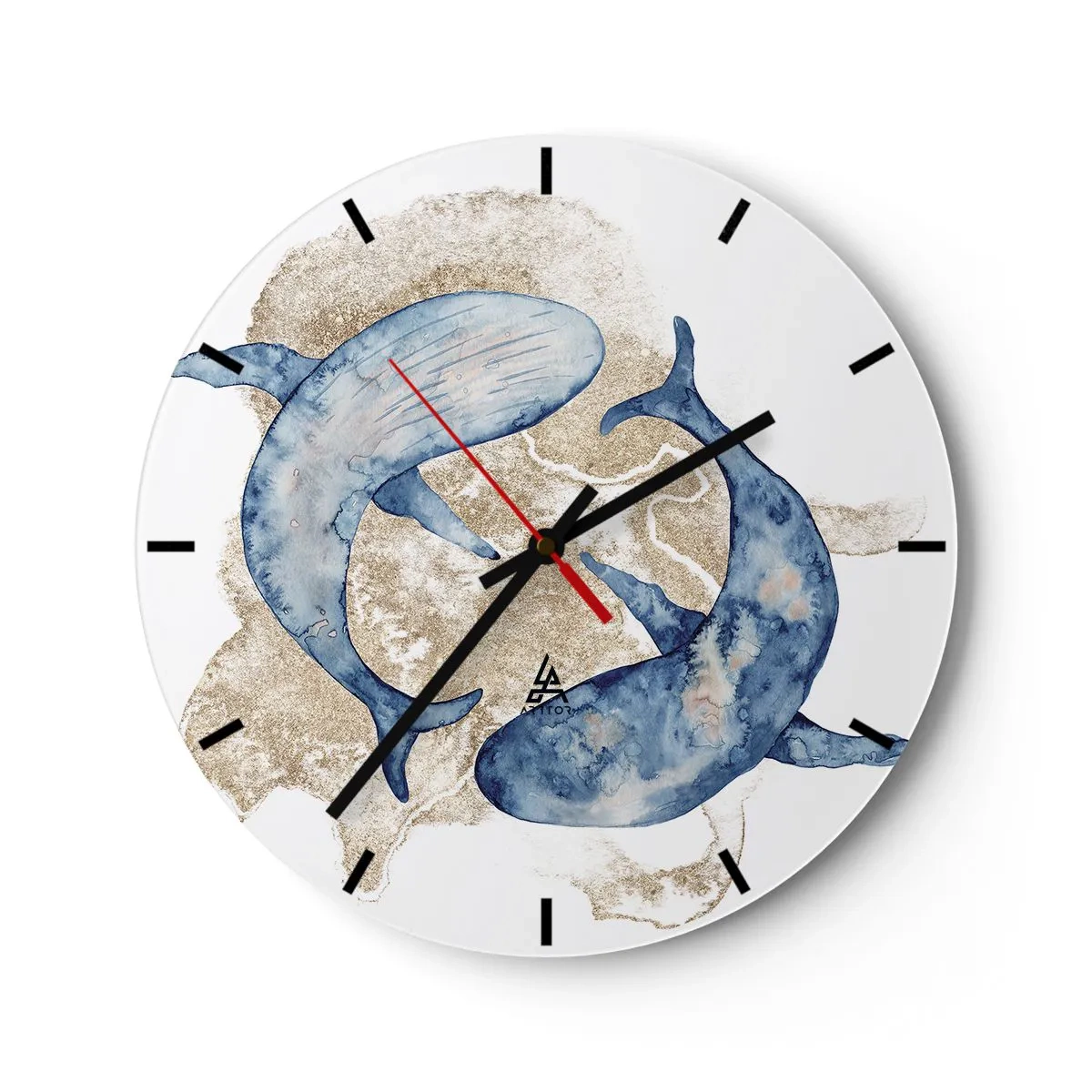 Nástenné hodiny - Modré veľryby na pozadí zlatého piesku - 30x30cm - Priateľstvo alebo láska? - Moderná nástenná dekorácia do obývacej izby, kuchyne a spálne ARTTOR