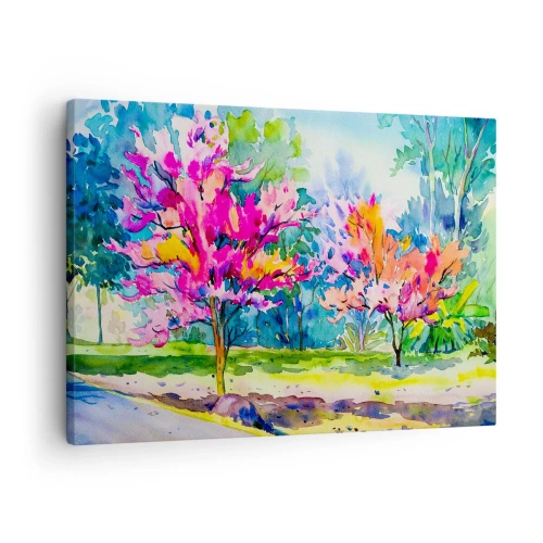Obraz na plátne - Farebné stromy v parku v akvarelovom štýle - 70x50cm - Dúhová záhrada v jarnom lesku - Moderná nástenná dekorácia do obývacej izby a spálne ARTTOR
