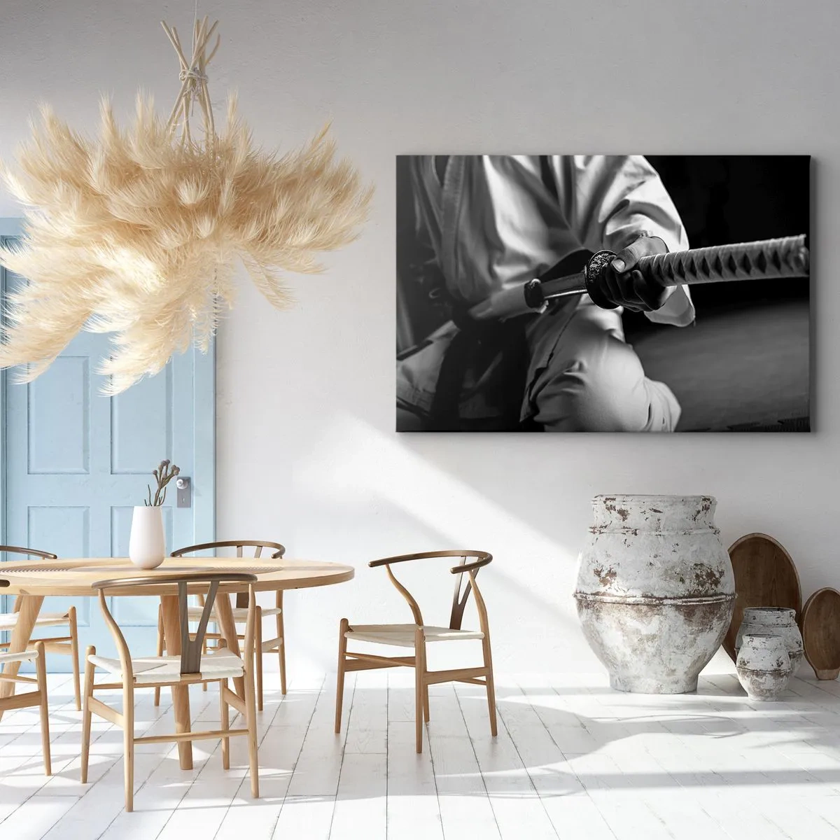 Obraz na plátne - Samuraj v kimone držíci katanu v čiernobielej farbe. - 70x50cm - Duša bojovníka - Moderná nástenná dekorácia do obývacej izby a spálne ARTTOR