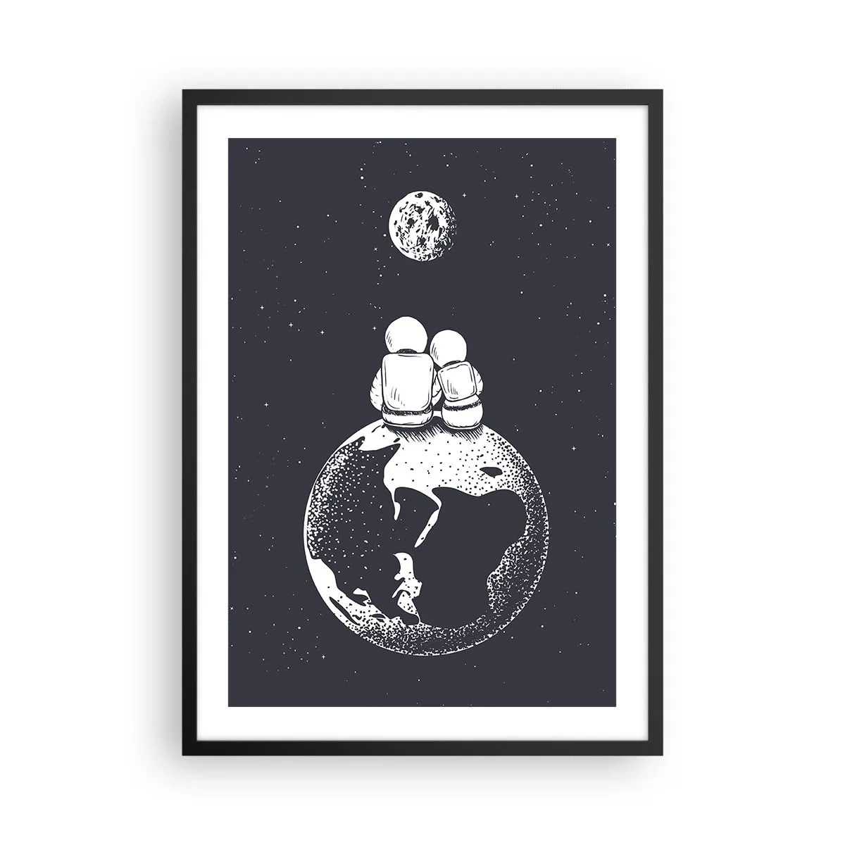 Plagát v čiernom ráme - Astronauti sediaci na Zemi a pozerajúci sa na Mesiac - 50x70cm - Vesmírna love story - Moderná nástenná dekorácia do obývacej izby a spálne ARTTOR
