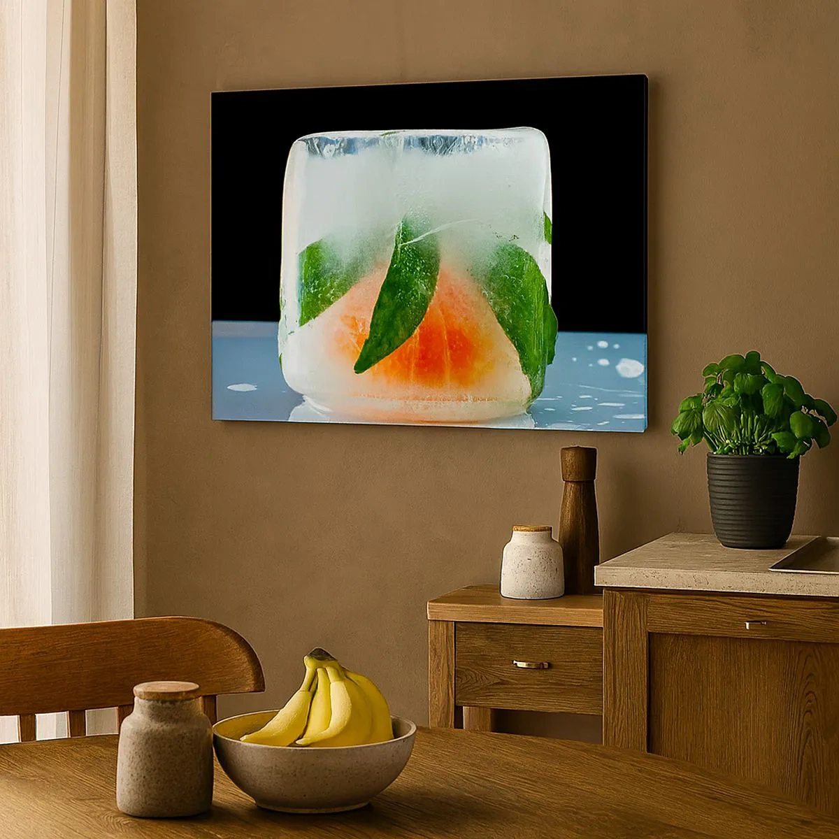 Obraz na plátne - Kocka ľadu s pomarančom a listami - 70x50cm - Sviežosť a osvieženie - Moderná nástenná dekorácia do obývacej izby a spálne ARTTOR
