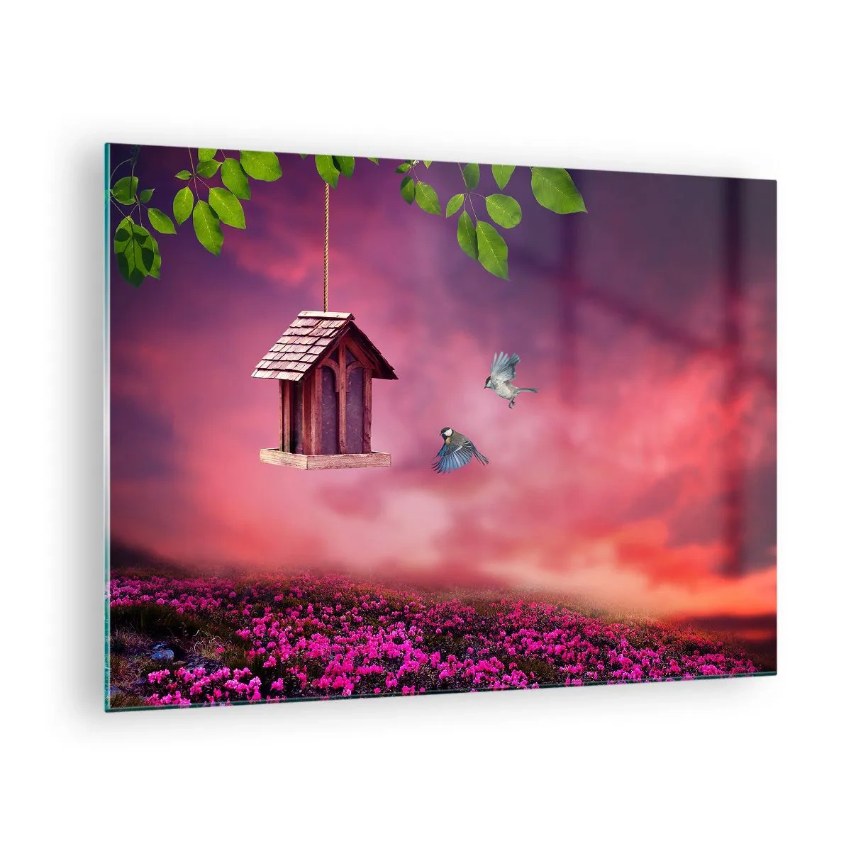 Obraz na skle - Kŕmidlo pre vtáky proti ružovej oblohe - 70x50cm - Pozvanie na večeru - Moderná nástenná dekorácia do obývacej izby a spálne ARTTOR