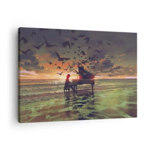 Obraz na plátne - Klavír na pobreží pri západe slnka s vtákmi - 70x50cm - Koncert na piano a vlny - Moderná nástenná dekorácia do obývacej izby a spálne ARTTOR