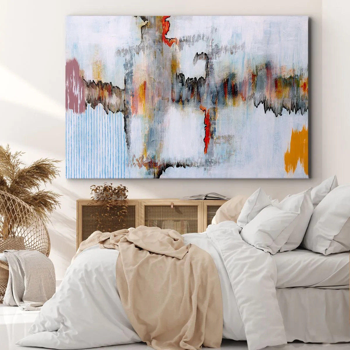 Obraz na plátne - Abstraktný vzor so živými farbami na svetlom pozadí - 70x50cm - Paličkou po vode - Moderná nástenná dekorácia do obývacej izby a spálne ARTTOR