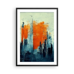 Plagát v čiernom ráme - Abstraktná panoráma mesta v odtieňoch oranžovej a námorníckej modrej - 50x70cm - Moderná krajina - Moderná nástenná dekorácia do obývacej izby a spálne ARTTOR