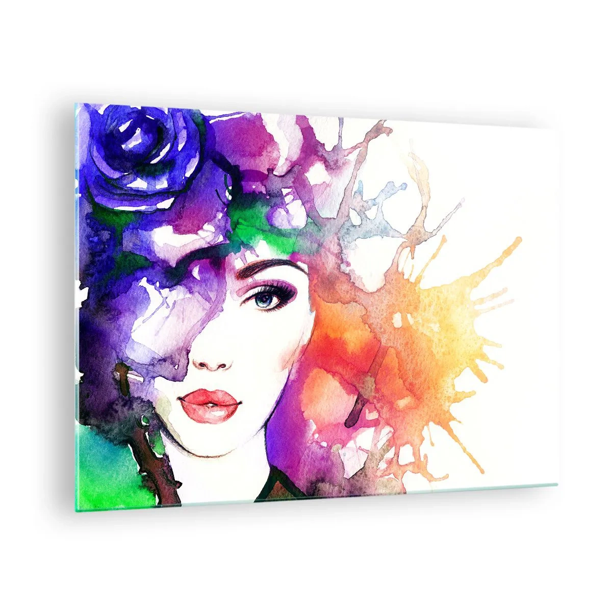 Obraz na skle - Žena s rozmazaným, farebným pozadím v štýle akvarelu - 70x50cm - S hlavou v oblakoch - Moderná nástenná dekorácia do obývacej izby a spálne ARTTOR