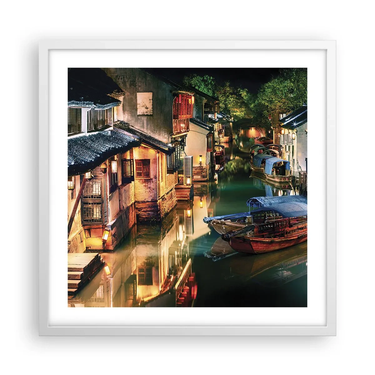 Plagát v bielom ráme - Večer na čínskej ulici - 50x50 cm