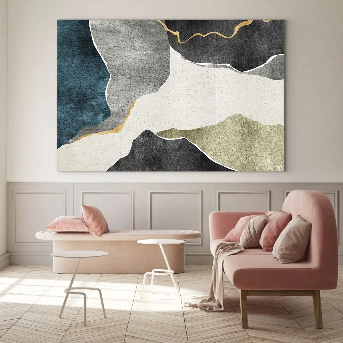Obraz na skle - Abstraktná mozaika s organickými tvarmi a zlatou čiarou - 70x50cm - Mozaiková kompozícia so zlatou niťou - Moderná nástenná dekorácia do obývacej izby a spálne ARTTOR