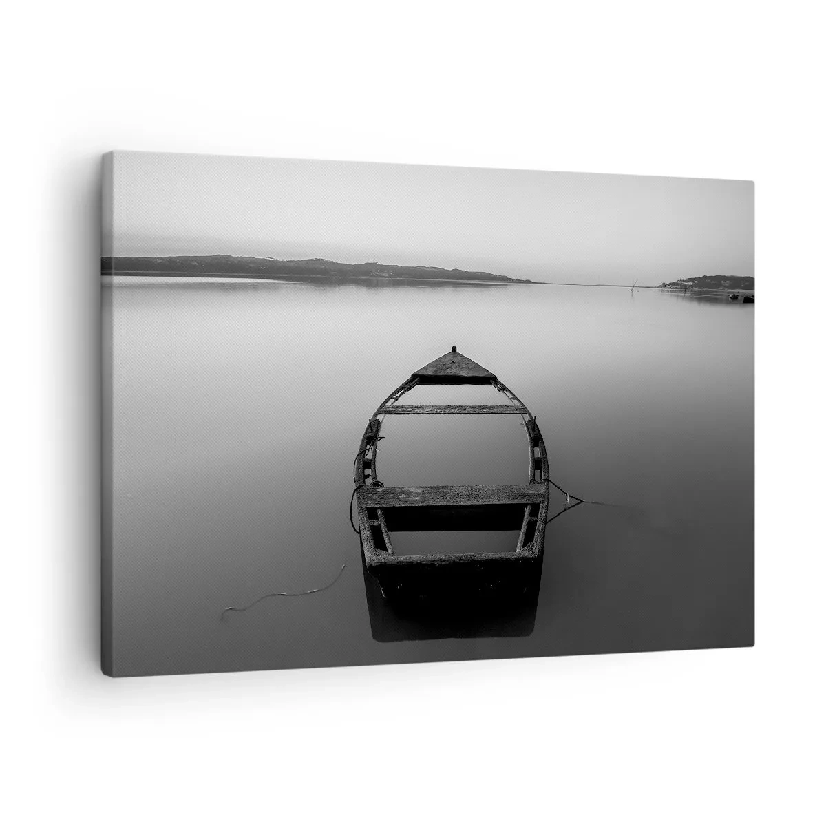 Obraz na plátne - Osamelá loď na pokojnom jazere v odtieňoch čiernej a bielej - 70x50cm - Túžba a melanchólia - Moderná nástenná dekorácia do obývacej izby a spálne ARTTOR