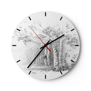 Nástenné hodiny - Kresba stromov ceruzkou v lesnej krajine - 30x30cm - Svetlo brezového lesa - Moderná nástenná dekorácia do obývacej izby, kuchyne a spálne ARTTOR