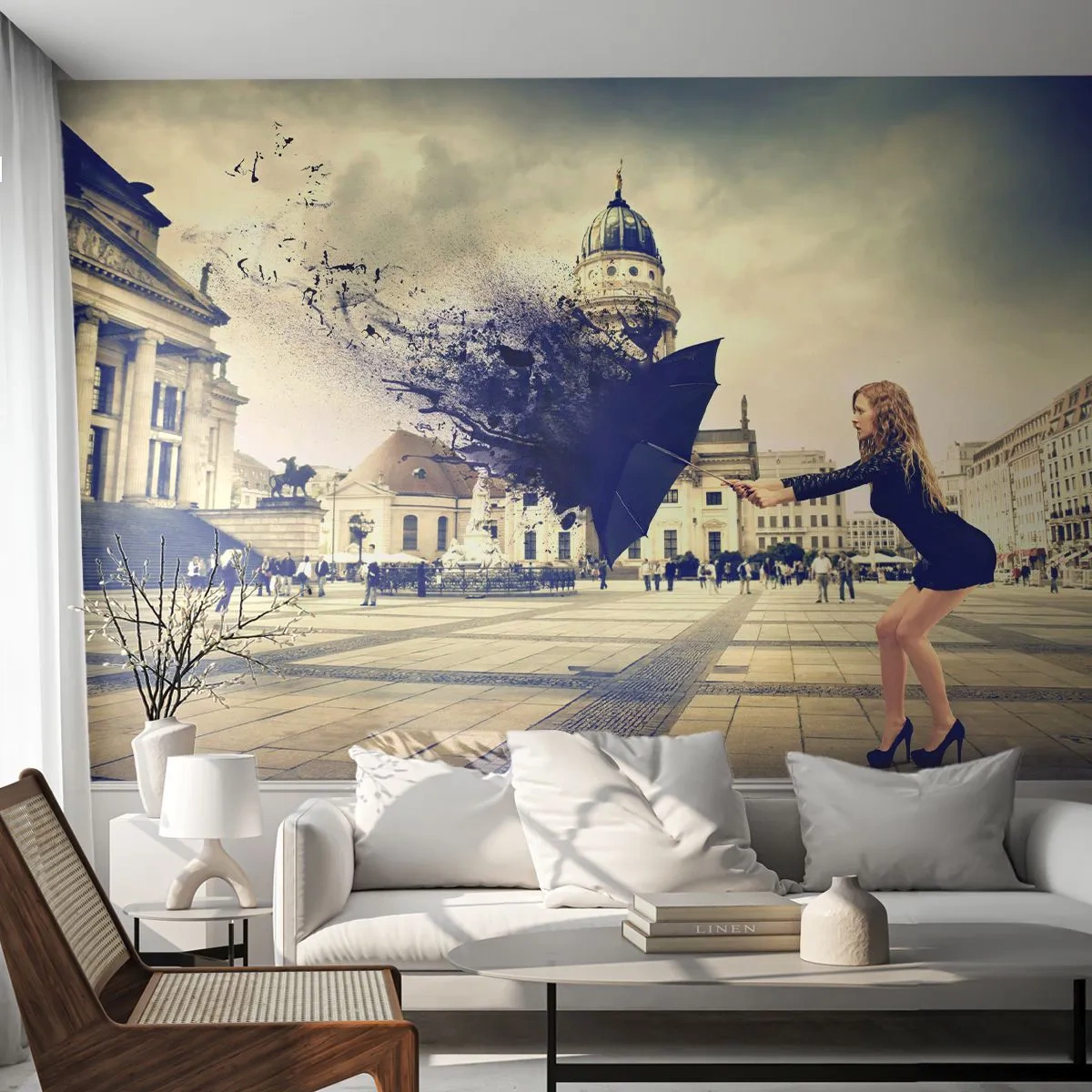Samolepiaca Fototapeta Deluxe Sticker - Je taký vietor… - Žena, Mesto, Tajomný dáždnik - 250x175 cm
