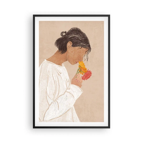 Plagát v čiernom ráme - Dievča a kvety - 61x91 cm