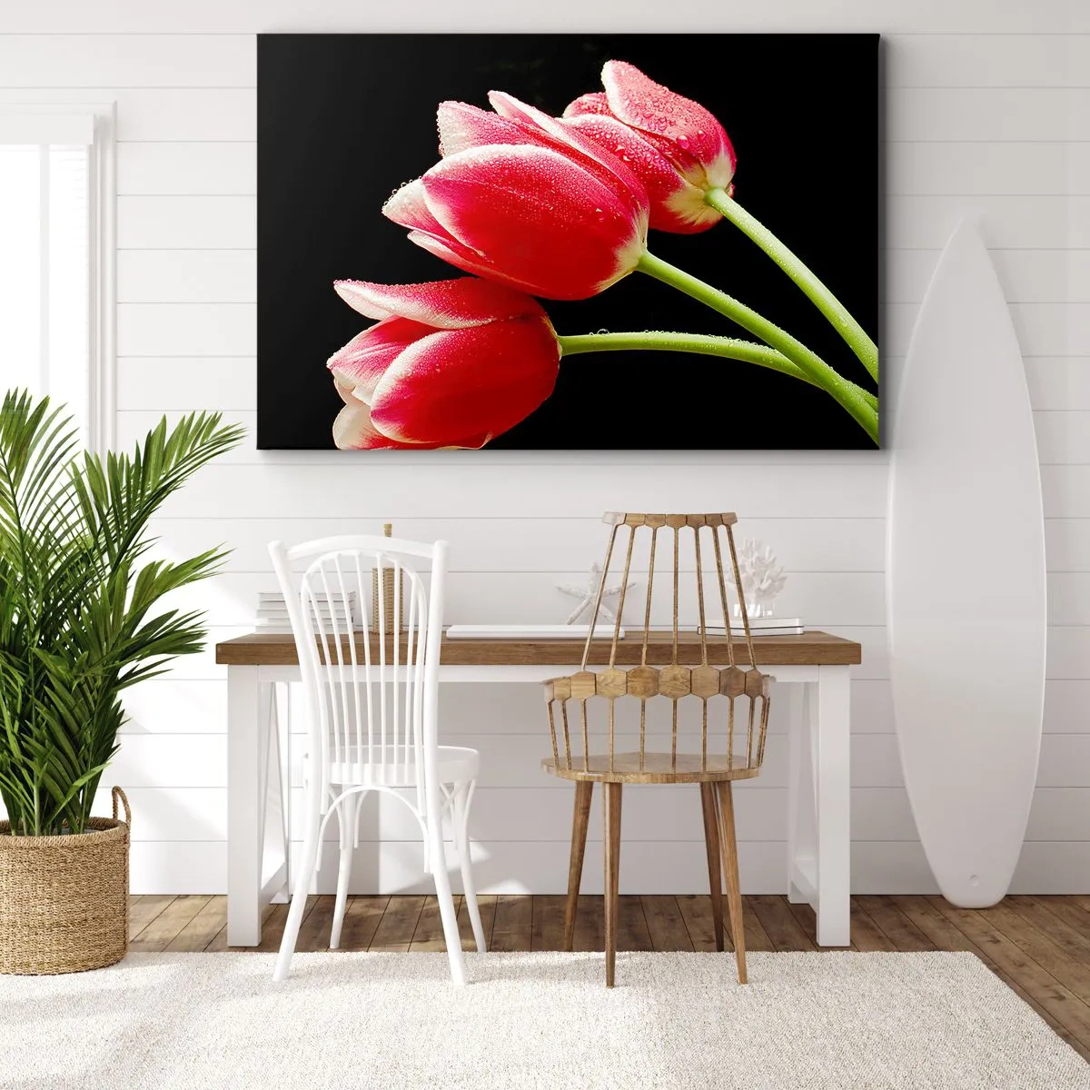 Obraz na plátne - Červené tulipány s kvapkami rosy na čiernom pozadí - 70x50cm - Sľub čistej lásky - Moderná nástenná dekorácia do obývacej izby a spálne ARTTOR