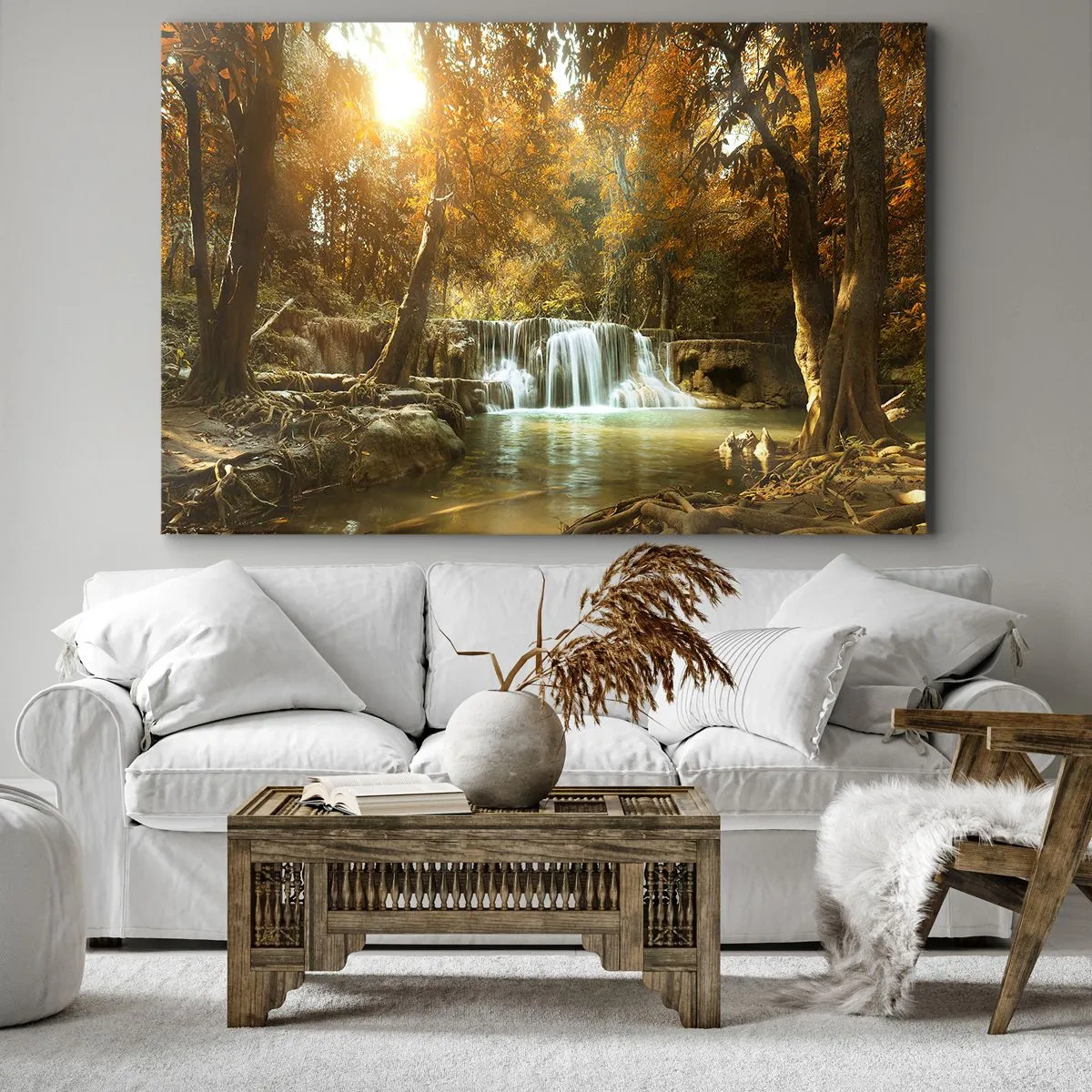 Obraz na plátne - Jesenná krajina s vodopádom - 70x50cm - Parkový vodopád - Moderná nástenná dekorácia do obývacej izby a spálne ARTTOR