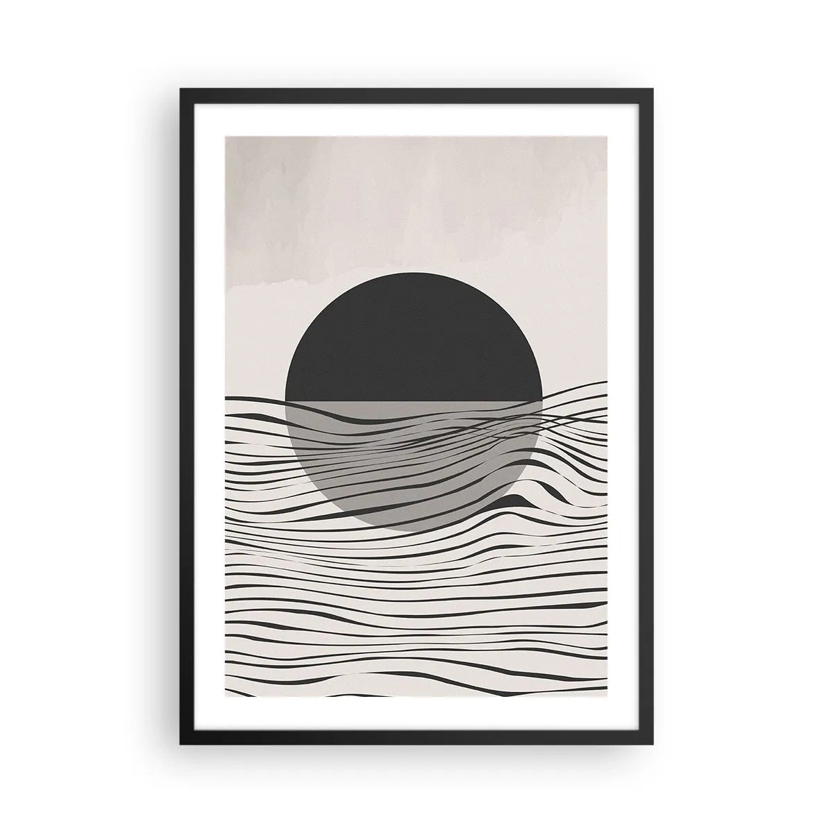 Plagát v čiernom ráme - Abstraktný západ slnka s vlnovými čiarami - 50x70cm - Polovičná kompozícia - Moderná nástenná dekorácia do obývacej izby a spálne ARTTOR