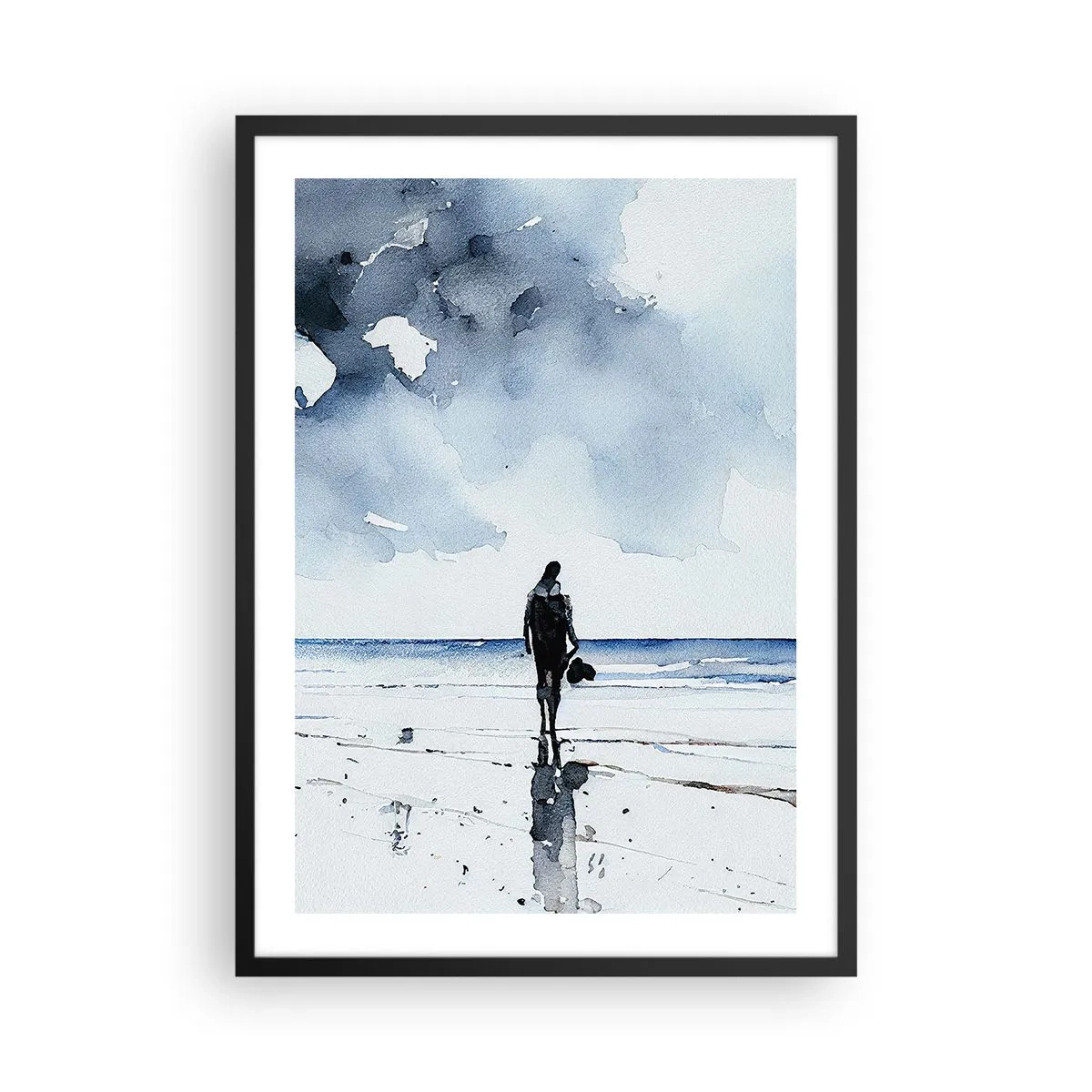 Plagát v čiernom ráme - Akvarelová krajina s postavou na pláži - 50x70cm - Rozhovor s morom - Moderná nástenná dekorácia do obývacej izby a spálne ARTTOR