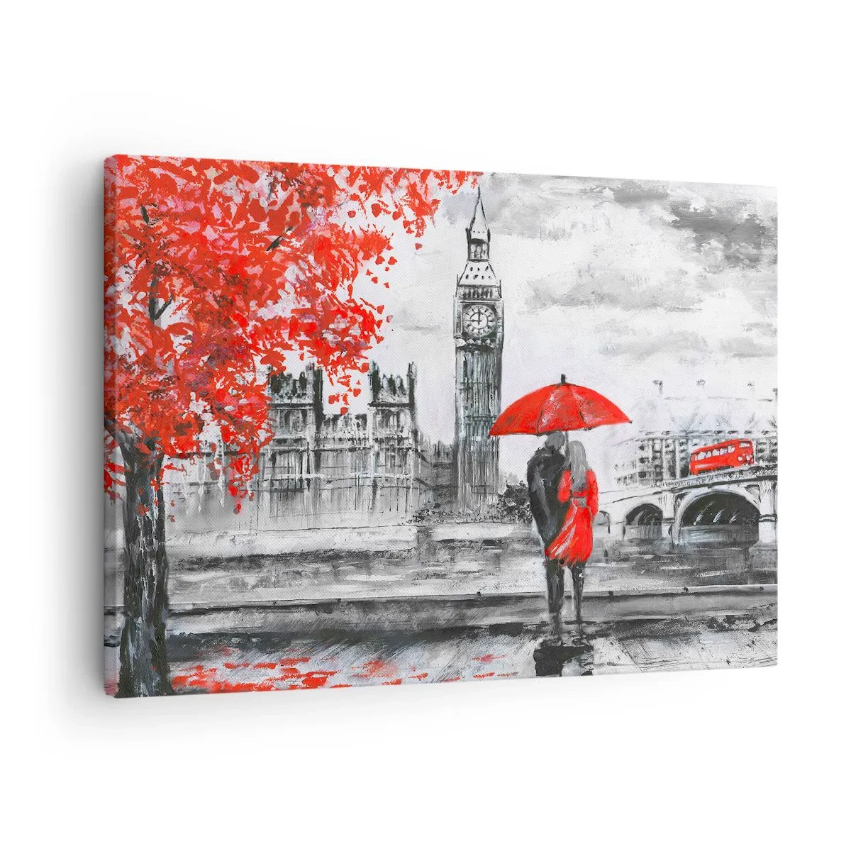Obraz na plátne - Romantická scéna s Big Benom a červeným dáždnikom - 70x50cm - Zamilovaní do Londýna - Moderná nástenná dekorácia do obývacej izby a spálne ARTTOR