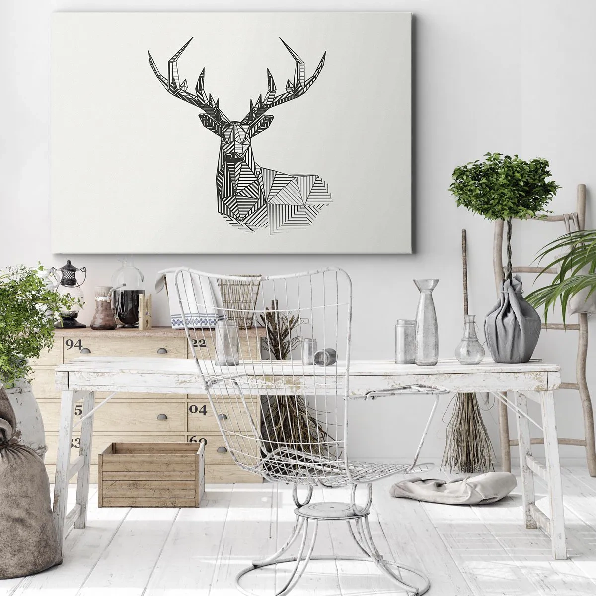 Obraz na plátne - Geometrický obraz jeleňa v minimalistickom čiernobielom štýle - 70x50cm - Jeleň v kubistickom štýle - Moderná nástenná dekorácia do obývacej izby a spálne ARTTOR