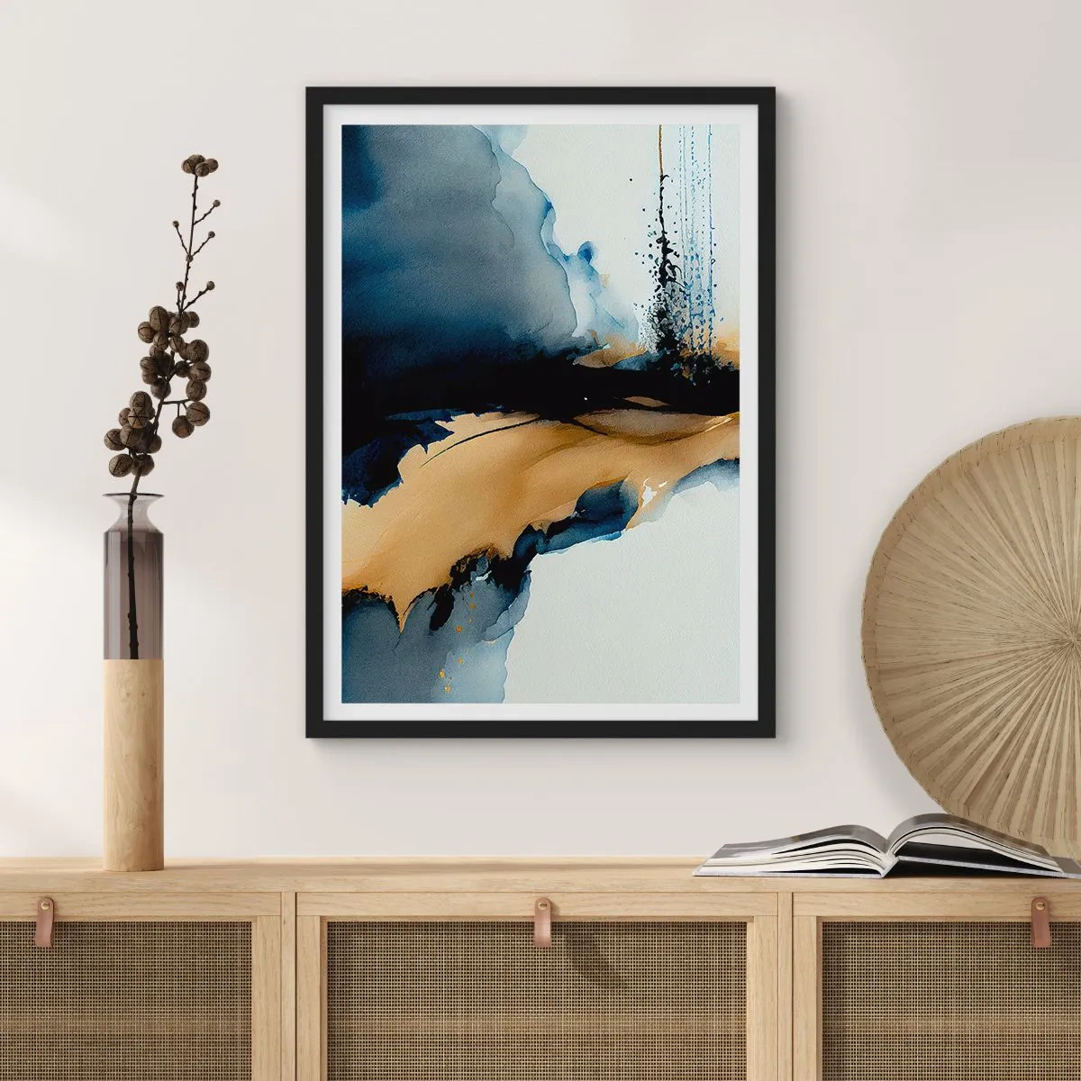 Plagát v čiernom ráme - Abstraktná kompozícia v odtieňoch tmavomodrej a zlatej - 50x70cm - Za závojom - Moderná nástenná dekorácia do obývacej izby a spálne ARTTOR