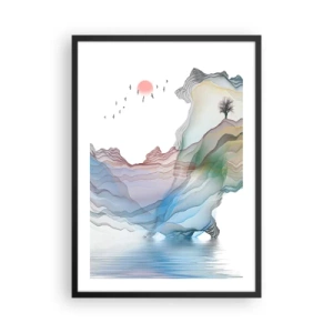 Plagát v čiernom ráme - Farebné, vrstvené hory nad pokojným jazerom so stromom - 50x70cm - Ku krištáľovým horám - Moderná nástenná dekorácia do obývacej izby a spálne ARTTOR
