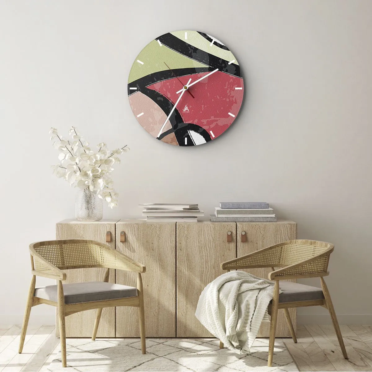 Nástenné hodiny - Farebné abstraktné tvary v pastelových tónoch - 30x30cm - Piruety uprostred farieb - Moderná nástenná dekorácia do obývacej izby, kuchyne a spálne ARTTOR