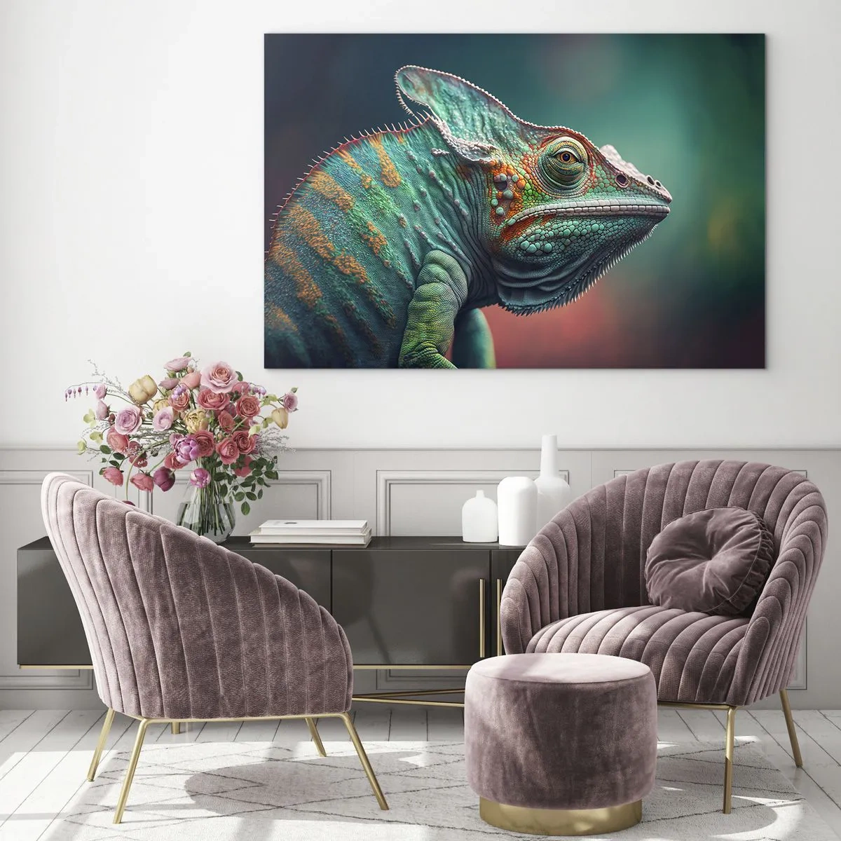 Obraz na skle - Farebný chameleón na rozmazanom pozadí v intenzívnom svetle. - 70x50cm - Vidíš ma? To nie je dobre… - Moderná nástenná dekorácia do obývacej izby a spálne ARTTOR