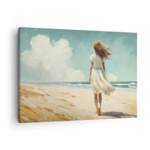 Obraz na plátne - Žena v bielych šatách kráčajúca po pláži za slnečného dňa - 70x50cm - Smerom ku slnku a vetru - Moderná nástenná dekorácia do obývacej izby a spálne ARTTOR