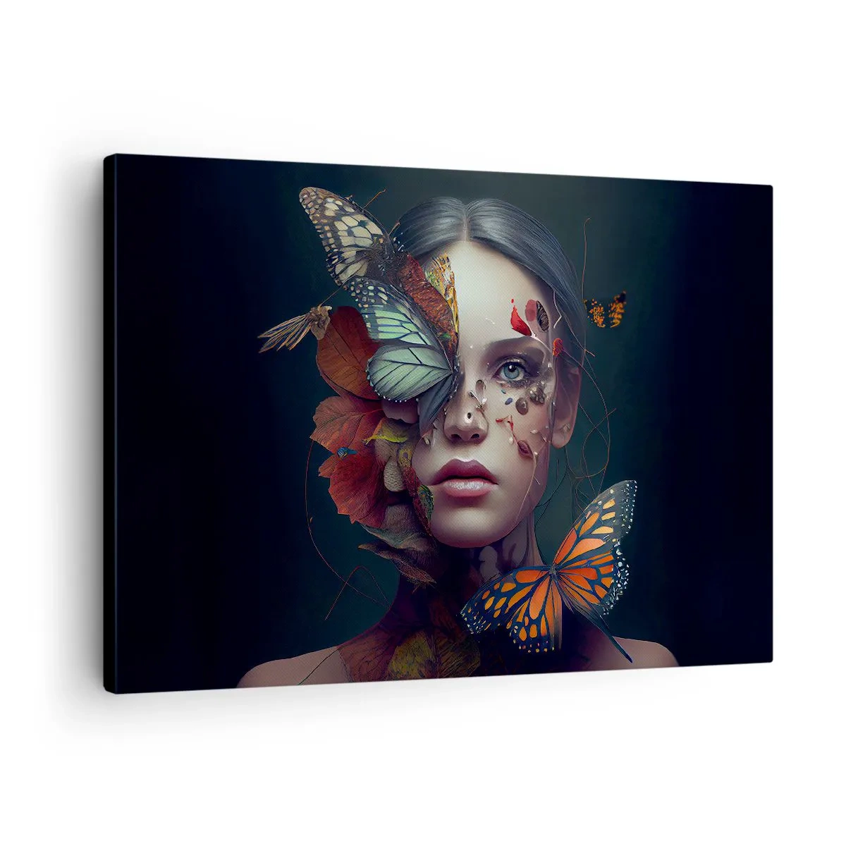 Obraz na plátne - Portrét ženy s motýľmi a rastlinnými prvkami - 70x50cm - Nádherná metamorfóza - Moderná nástenná dekorácia do obývacej izby a spálne ARTTOR
