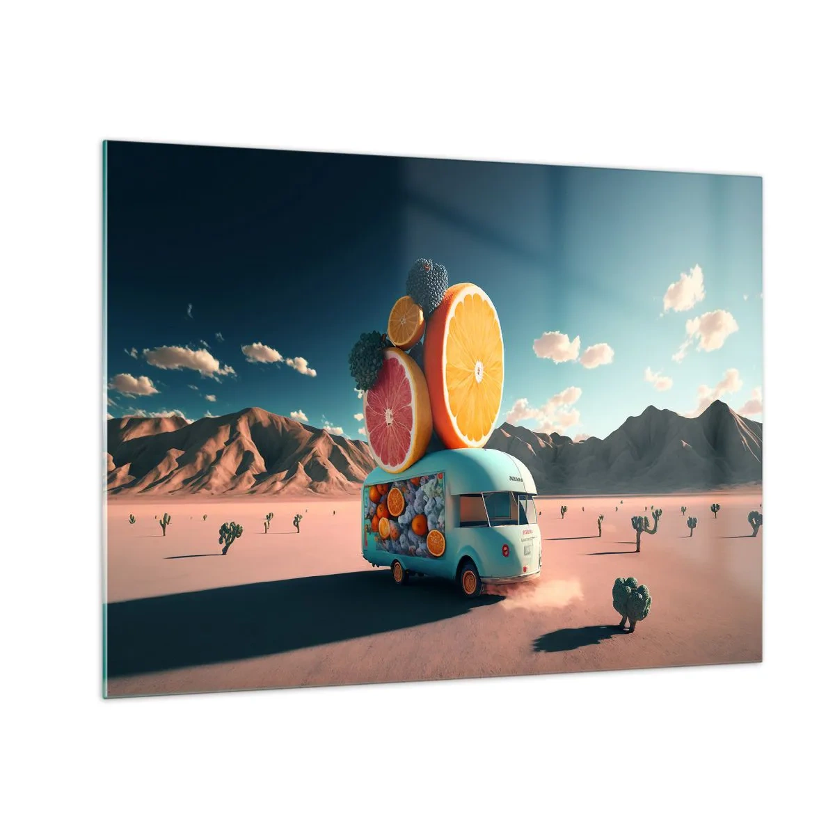 Obraz na skle - Tyrkysový karavan s ovocím na pozadí púštnej krajiny - 70x50cm - Chuť prázdnin - Moderná nástenná dekorácia do obývacej izby a spálne ARTTOR