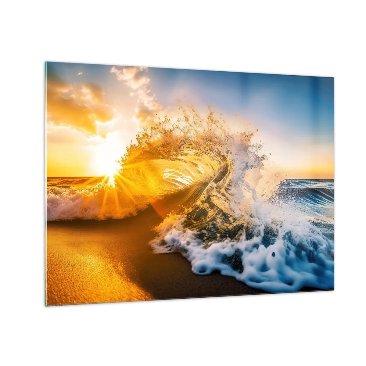 Obraz na skle - Vlna narážajúca na breh, osvetlená lúčmi zapadajúceho slnka - 70x50cm - Hra v piesku - Moderná nástenná dekorácia do obývacej izby a spálne ARTTOR