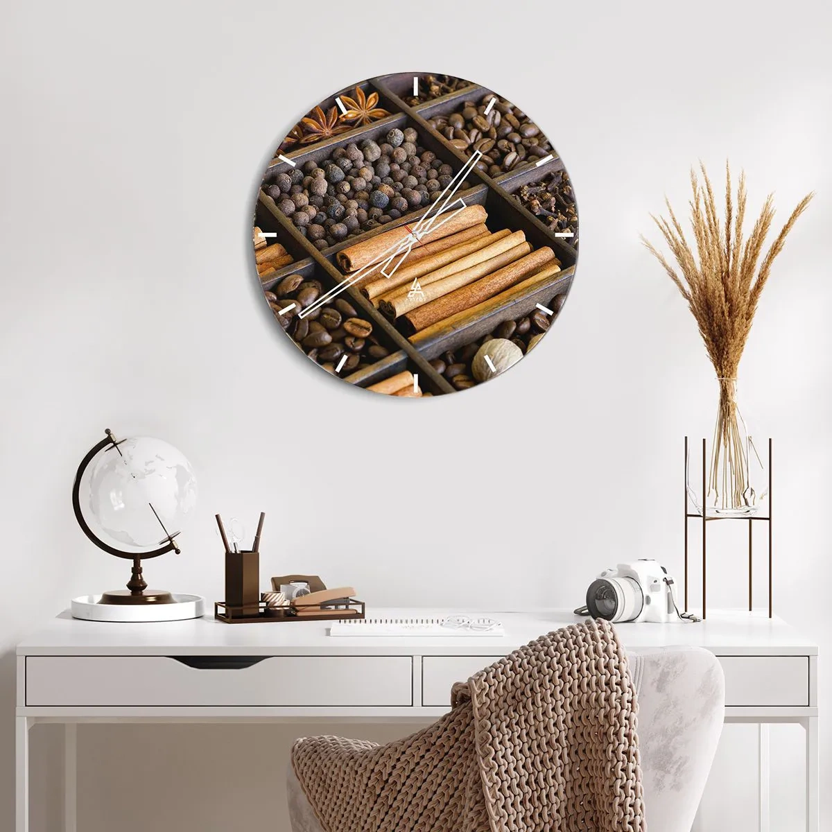 Nástenné hodiny - Drevená priečka s rôznymi koreninami a kávou - 30x30cm - Pokladnice vôní - Moderná nástenná dekorácia do obývacej izby, kuchyne a spálne ARTTOR