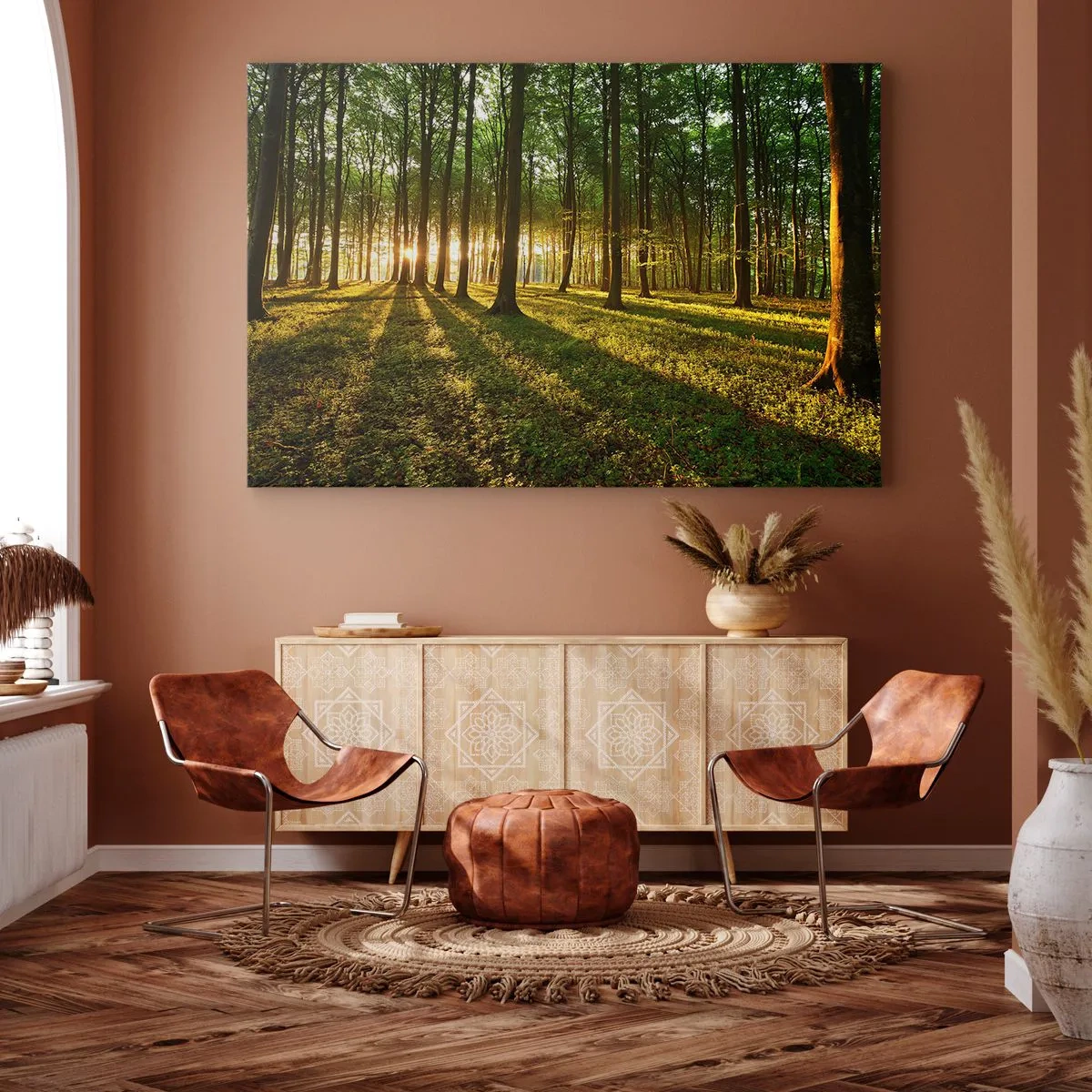Obraz na plátne - Zapadajúce slnko v listnatom lese - 70x50cm - Fotografie všetkých jarí - Moderná nástenná dekorácia do obývacej izby a spálne ARTTOR