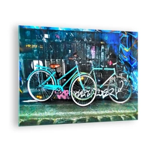 Obraz na skle - Mestský bicykel na pozadí graffiti a neónovej atmosféry - 70x50cm - Mesto volá - Moderná nástenná dekorácia do obývacej izby a spálne ARTTOR